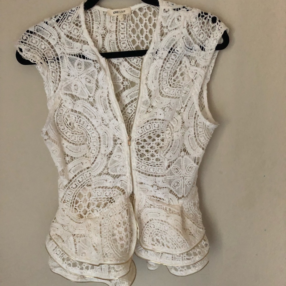 Ivory Peplum Crochet top with gold zipper accent